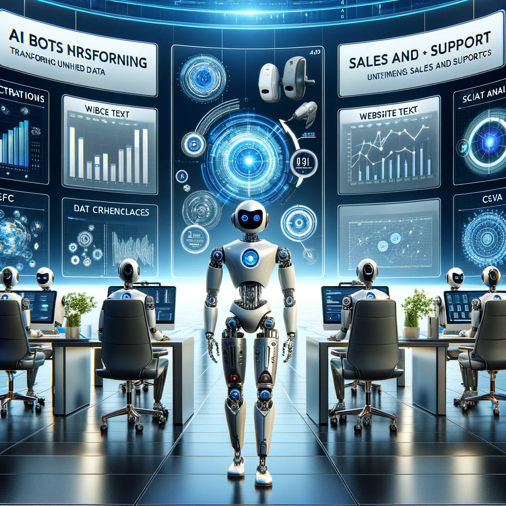 An Image depicting a futuristic work space where one AI bot supervises other Ai bots providing sales and tech support