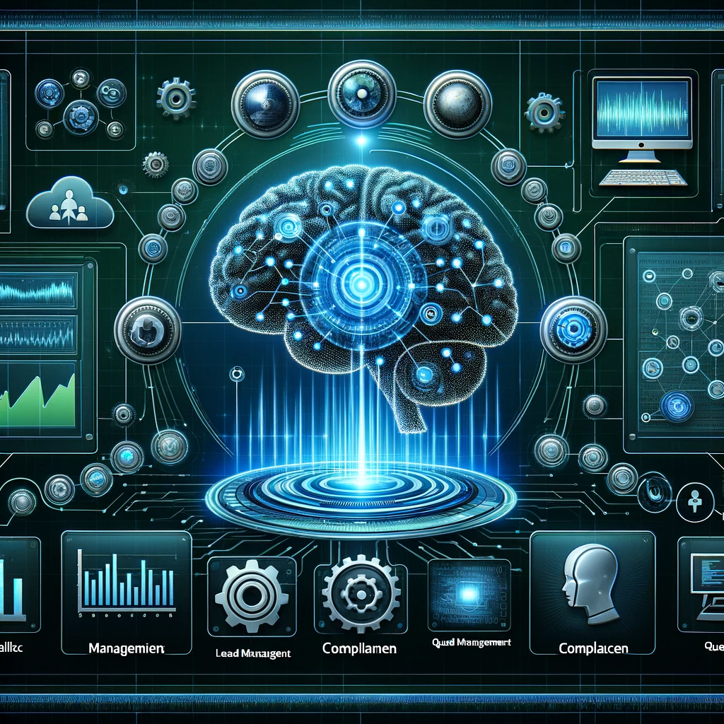 An image of a futuristic AI interface with a digital brain centerpiece, symbolizing voice call processing into data insights. It features audio waves, data points, and displays for quality and lead management, compliance, and customer voice optimization, all within a tech-inspired blue and green color scheme.